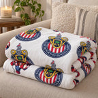 Mexican Football Club Crest Fleece Throw Blanket, Soft Cozy Soccer Fan Bedding Quilt, Red White Stripes Star Pattern Couch Lap Blanket, Match Day Room Decor Travel Warm Cover, Living Room Sofa Flannel Bed Spread, Sports Lover Gift