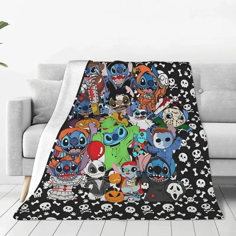 DISNEY CLASSIC Halloween Stitch Horror Movie Character Blanket, Cute Lilo & Stitch Cosplay Horror Villains Flannel Throw Blanket, Skull Bone Background Soft Lightweight Fleece Blanket for Couch Sofa Bed Bedroom Decor, Halloween Gift for Kids Adults