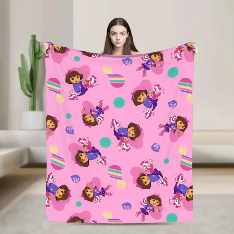 Dora The Explorer Cartoon Flannel Blanket, Soft lightweight travel blankets, cooling blankets, bedding, bed accessories, Airplane Home Throw Bedspread Birthday Gift For Kids Fans