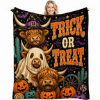 100% Polyester Soft Cozy Cartoon Printed Highland Cow Halloween Blanket (60x80 in) - Soft and Warm Statement Blanket, Cute Pumpkin Witch Ghost Design, All-Seasons Throw, Halloween Ideas Gift for Cow Lovers, Bed Use