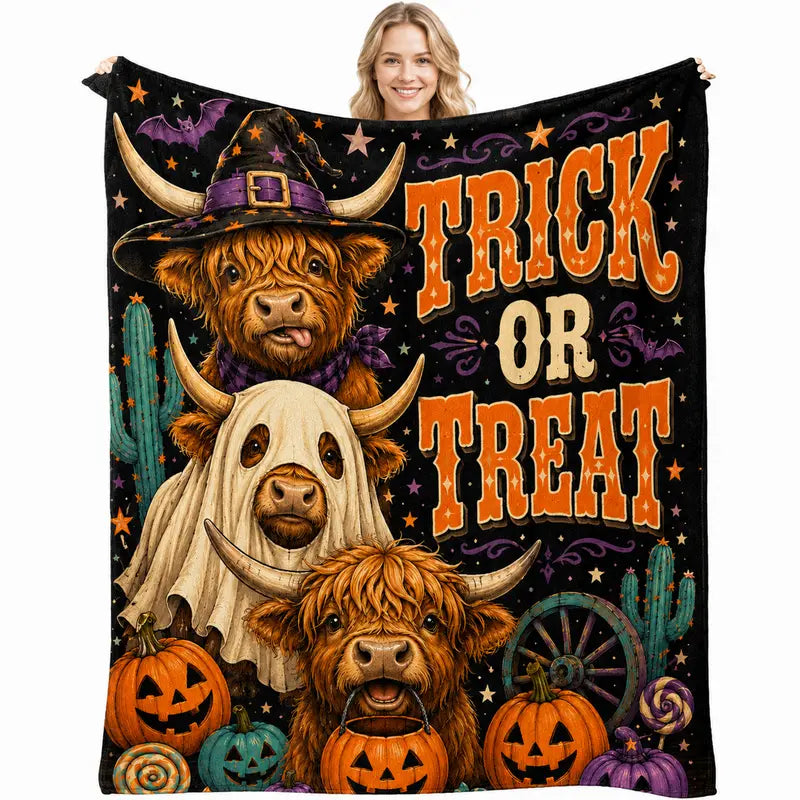 100% Polyester Soft Cozy Cartoon Printed Highland Cow Halloween Blanket (60x80 in) - Soft and Warm Statement Blanket, Cute Pumpkin Witch Ghost Design, All-Seasons Throw, Halloween Ideas Gift for Cow Lovers, Bed Use