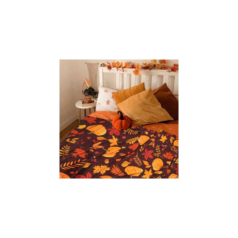 50"x60" Fall Pumpkin Maple Leaf Throw Blanket, Red Brown Soft Flannel Fleece Blanket, Warm Cozy Thanksgiving Harvest Decorative Blanket for Sofa Couch Chair, Fall Home Gift for Family Friends