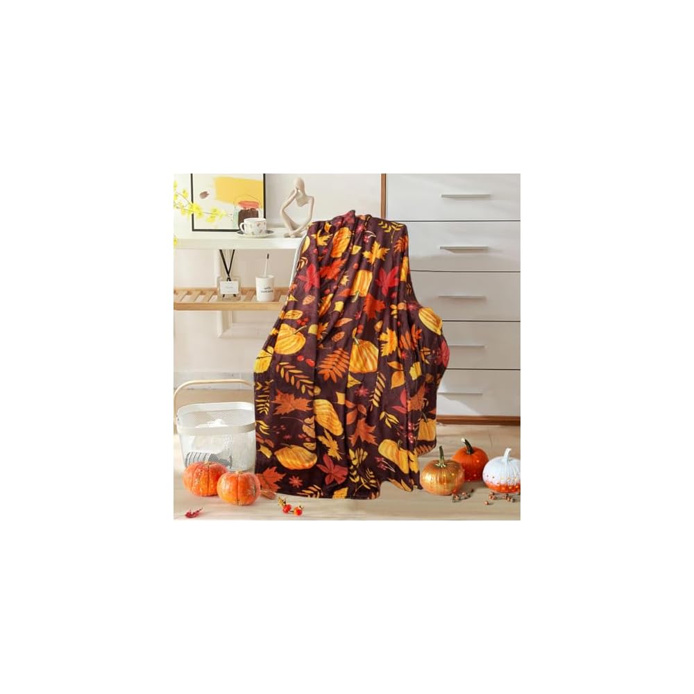 50"x60" Fall Pumpkin Maple Leaf Throw Blanket, Red Brown Soft Flannel Fleece Blanket, Warm Cozy Thanksgiving Harvest Decorative Blanket for Sofa Couch Chair, Fall Home Gift for Family Friends