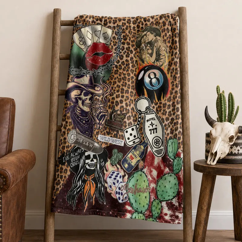Western Aesthetic Flannel Throw Blanket, Vintage Cowboy Skull Leopard Print Soft Lightweight Cozy Blanket for Sofa Bed Bedroom Travel Camping, Rustic Western Home Decor Gift