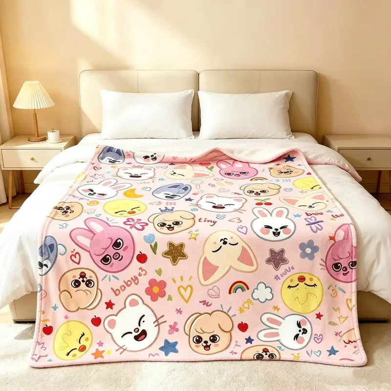 Printed Flannel Fleece Blanket - Colorful Fuzzy SKZ Fan Throw, Comfy Cute Cartoon Blanket, Fandom Bedding, Kids Gift, Lounge & Travel Use, Colorful Fuzzy Blanket
