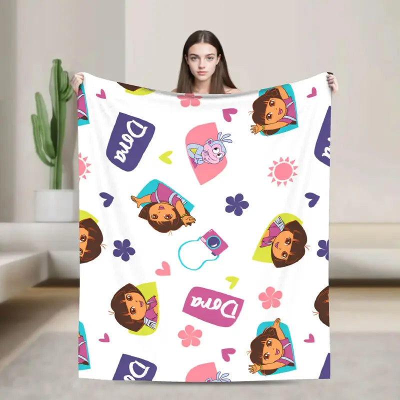Dora The Explorer Cartoon Flannel Blanket, Soft lightweight travel blankets, cooling blankets, bedding, bed accessories, Airplane Home Throw Bedspread Birthday Gift For Kids Fans