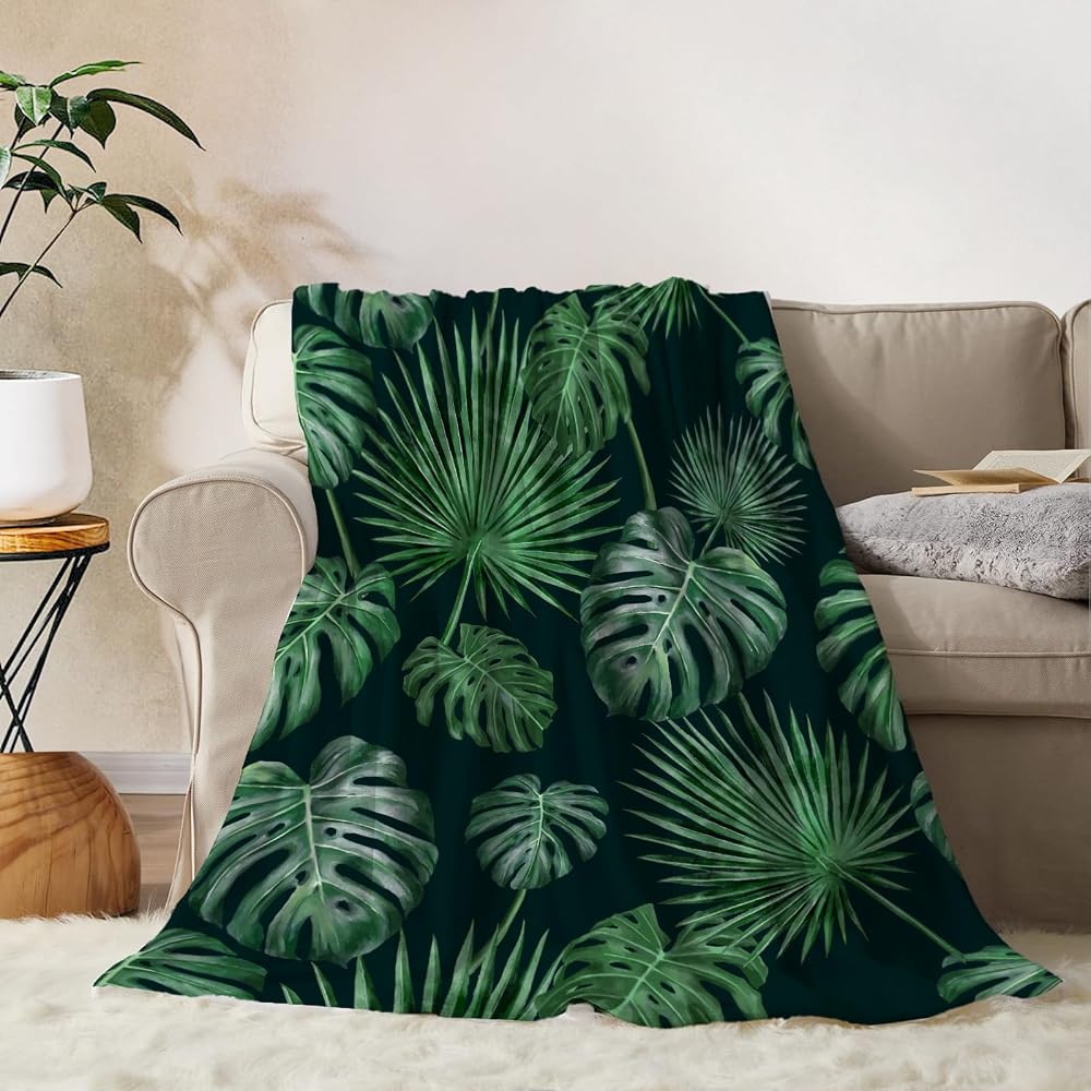 Tropical Throw Blanket 50x60 Green Plant Leaf Blanket Throw Blanket for Couch Sofa Bed Soft Cozy Lightweight Fuzzy Plush Fleece Blankets Spring Summer Decorative Gift Blanket 50 by 60