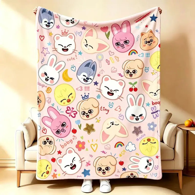 Printed Flannel Fleece Blanket - Colorful Fuzzy SKZ Fan Throw, Comfy Cute Cartoon Blanket, Fandom Bedding, Kids Gift, Lounge & Travel Use, Colorful Fuzzy Blanket