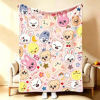 Printed Flannel Fleece Blanket - Colorful Fuzzy SKZ Fan Throw, Comfy Cute Cartoon Blanket, Fandom Bedding, Kids Gift, Lounge & Travel Use, Colorful Fuzzy Blanket