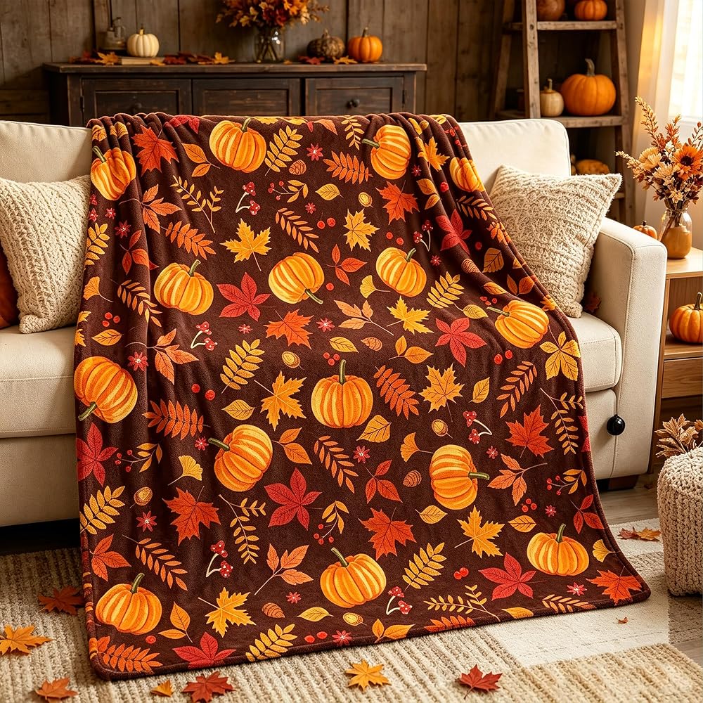 50"x60" Fall Pumpkin Maple Leaf Throw Blanket, Red Brown Soft Flannel Fleece Blanket, Warm Cozy Thanksgiving Harvest Decorative Blanket for Sofa Couch Chair, Fall Home Gift for Family Friends