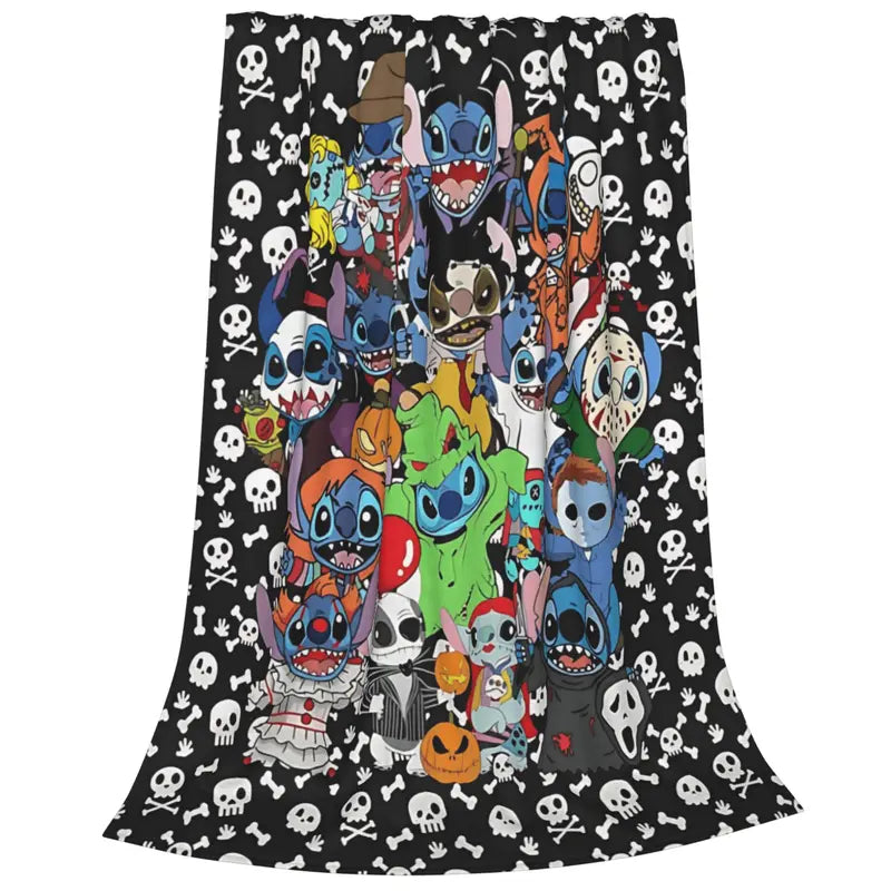 DISNEY CLASSIC Halloween Stitch Horror Movie Character Blanket, Cute Lilo & Stitch Cosplay Horror Villains Flannel Throw Blanket, Skull Bone Background Soft Lightweight Fleece Blanket for Couch Sofa Bed Bedroom Decor, Halloween Gift for Kids Adults