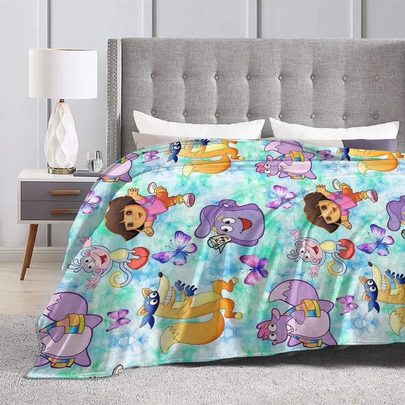Dora The Explorer Cartoon Flannel Blanket, Soft lightweight travel blankets, cooling blankets, bedding, bed accessories, Airplane Home Throw Bedspread Birthday Gift For Kids Fans